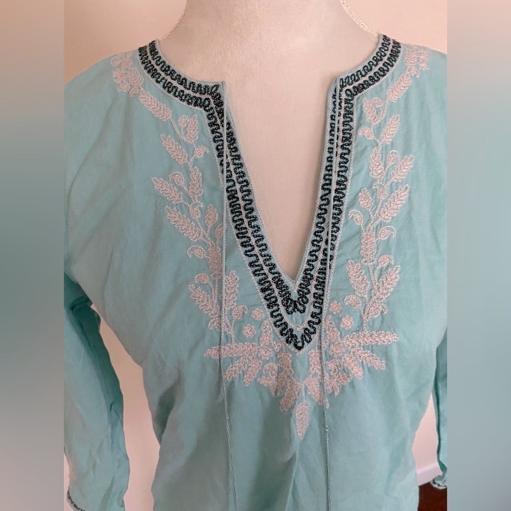 Geoffrey Beene 100% Cotton Embroidered 3/4 Length Sleeve Tunic Style Teal Top